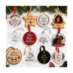 Personalized Christmas ornaments with custom names and festive holiday designs